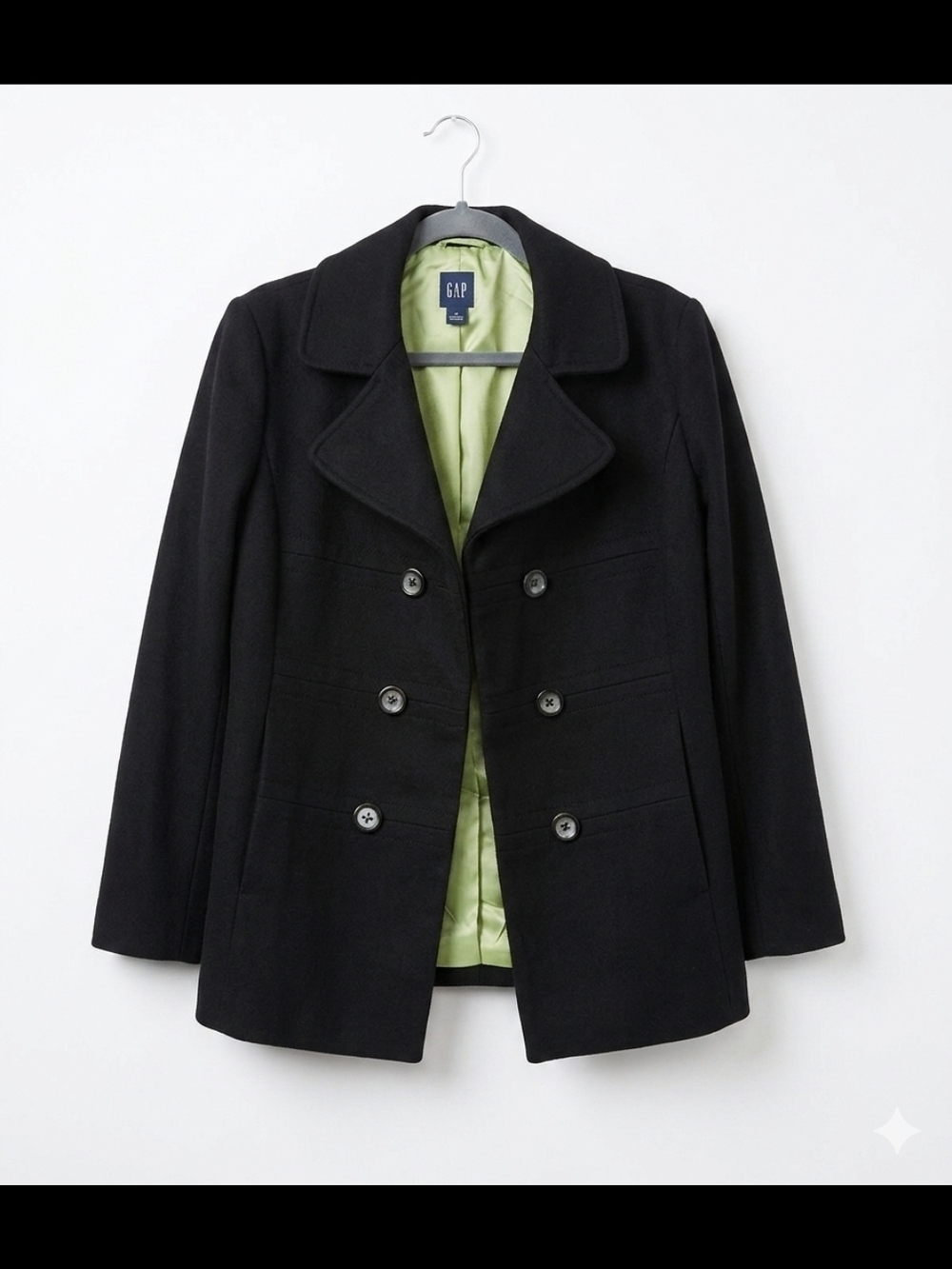 GAP Black Double-Breasted Peacoat with Lime Green Lining